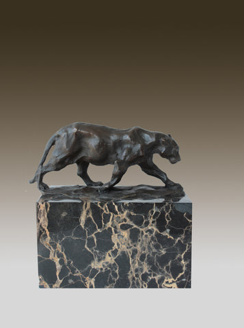 Leopard Cougar Bronze Sculpture On Marble Base