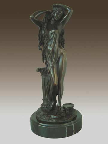 Bronze Sculpture of long hair Woman Girl Lady Fair Maiden on Marble base